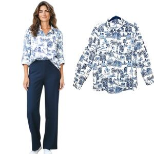 Karl Lagerfeld White Button Down Shirt Sz M/L Blue Paris Monuments Coastal Top